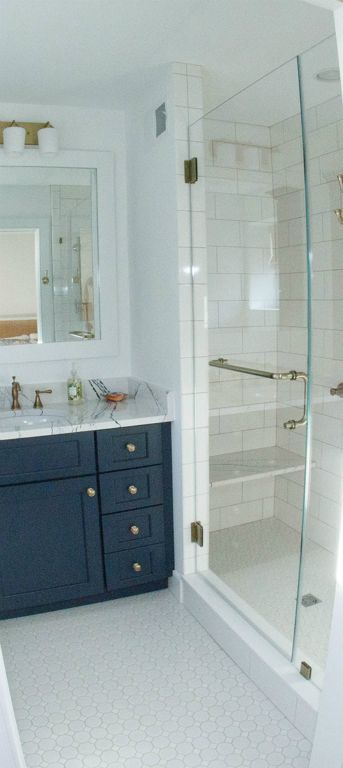 A walk-in shower replaces the old tub.